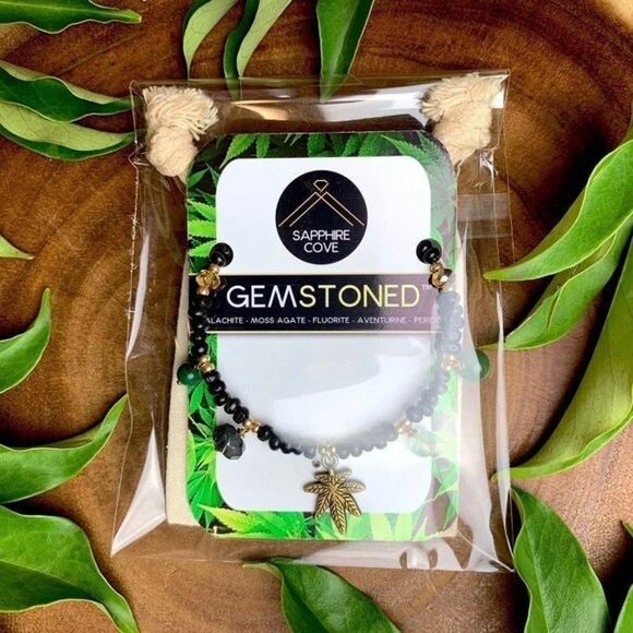 GEMSTONED™ Pot Leaf Bracelet Hemp Aventurine Malachite Peridot Fluorite Agate - Picture 2 of 5